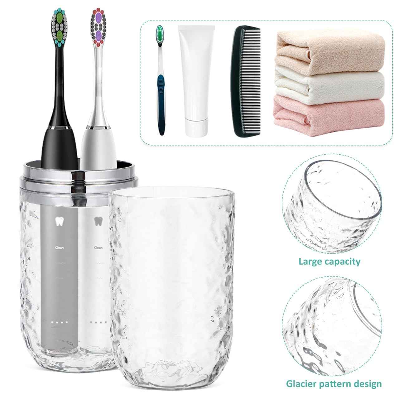 2PCS Travel Toothbrush Case with Cover, Portable Toothbrush Holder Cup Storage Container Dustproof Toothbrush Case for Bathroom Trip School Camping (Clear & Grey)