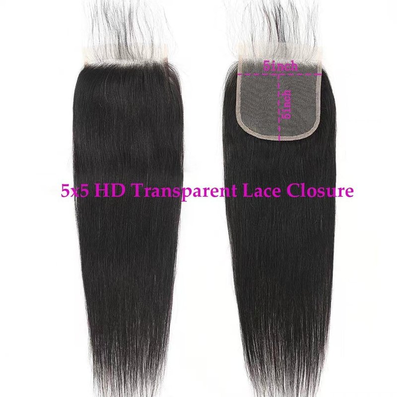 5x5 HD Transparent Lace Closure - Virgin Brazilian Straight Human Hair, 16 Inch, Pre-Plucked, Natural Black