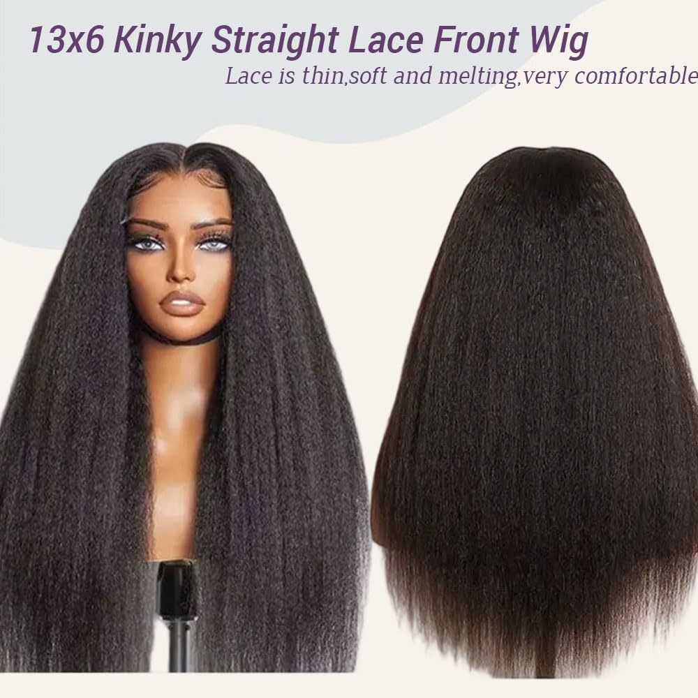 Emistar Afro Kinky Straight Lace Front Wigs Soft As Human Hair Pre Plucked With Baby Hair 180% Density Yaki Straight Transparent HD Lace Wig 200% Density Glueless Wigs for Black Women (13x6, 22 Inch)