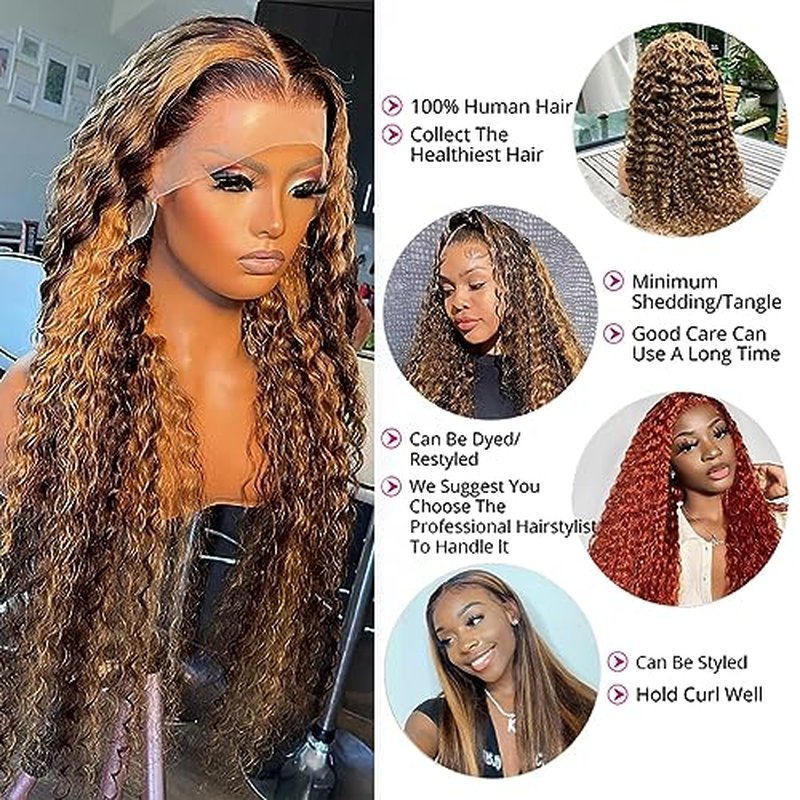 Highlight 13x6 Lace Front Wigs Human Hair Honey Blonde Ombre Deep Wave Lace Front Wigs Human Hair for Black Women 180% Density (26 Inch)