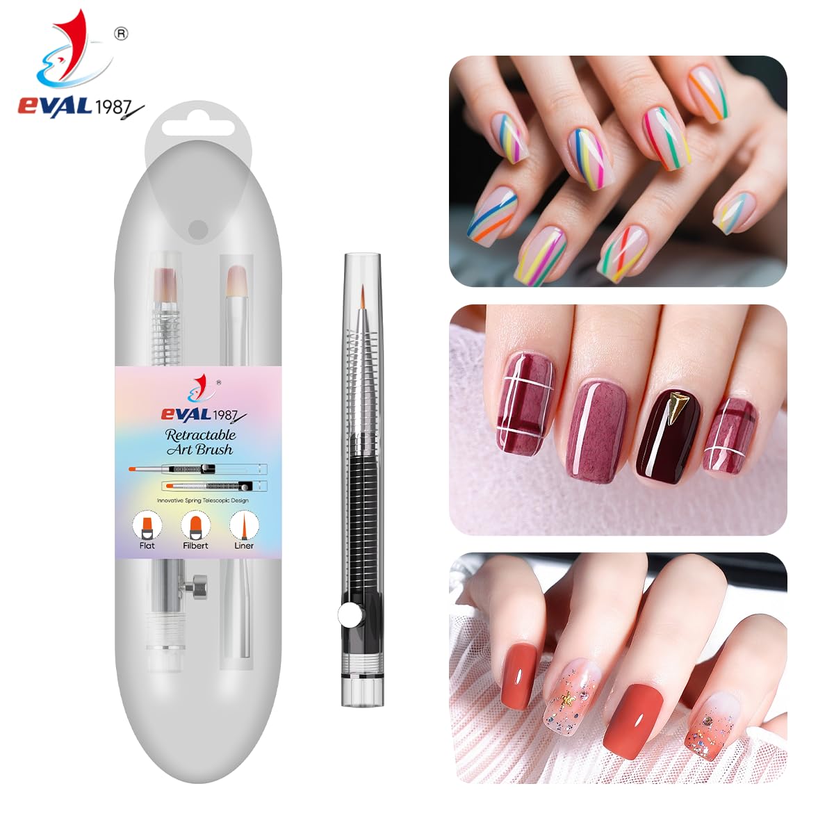 Nail Art Brushes Set - Retractable Builder Gel Brush & Liner Pen | DIY Nail Art Tools (White, 1+2)