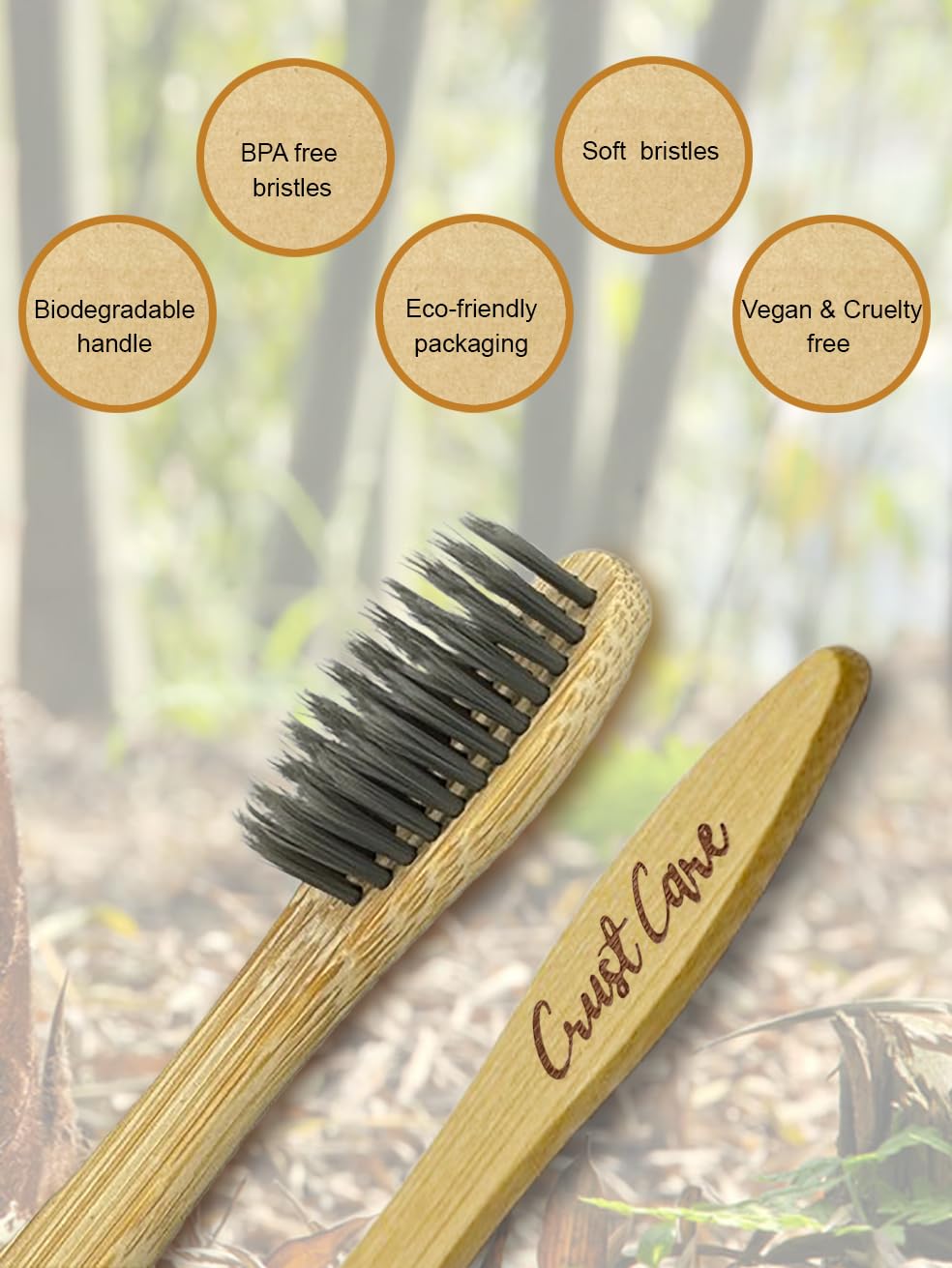 Crust Care Biodegradable Bamboo Toothbrush Family Pack (10-Pack) with Charcoal Bristles, Individually Packed + 2 Free Bamboo Tongue Cleaners - Oral Care Set