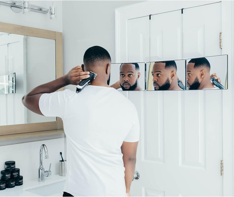 Self-Cut System 3-Way Mirror - Portable Trifold Hair Cutting Mirror | Impact-Resistant Glass, Fits Standard Door, 10.8” L x 1.3” W, Black
