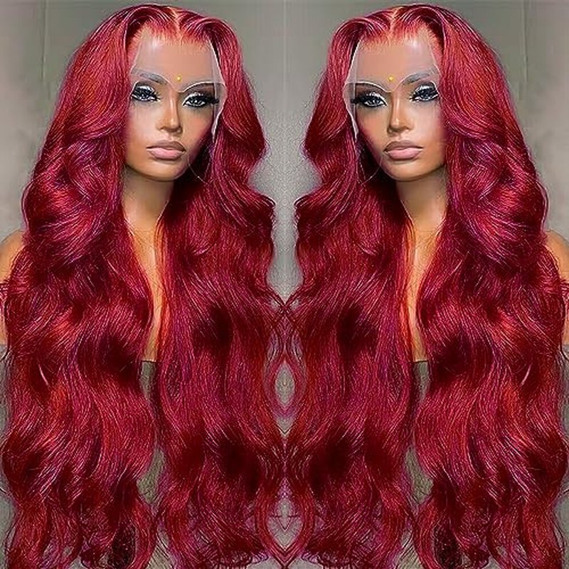 220% Density 99J Burgundy Lace Front Wigs Human Hair Pre Plucked Hairline Body Wave Glueless 13¡¿4 HD Transparent Wigs for Women Human Hair with Baby Hair Wine Red Colored (22 inch, 99j)