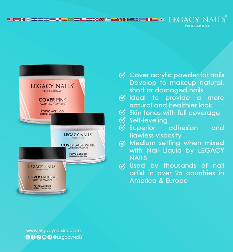 Legacy Nails Professional Cover PEACH Acrylic Powder, 2 ounces - Ideal For French Nail Art, Create Nail Art, Nail Extension That Provide a Healthy, Natural Look To Nails