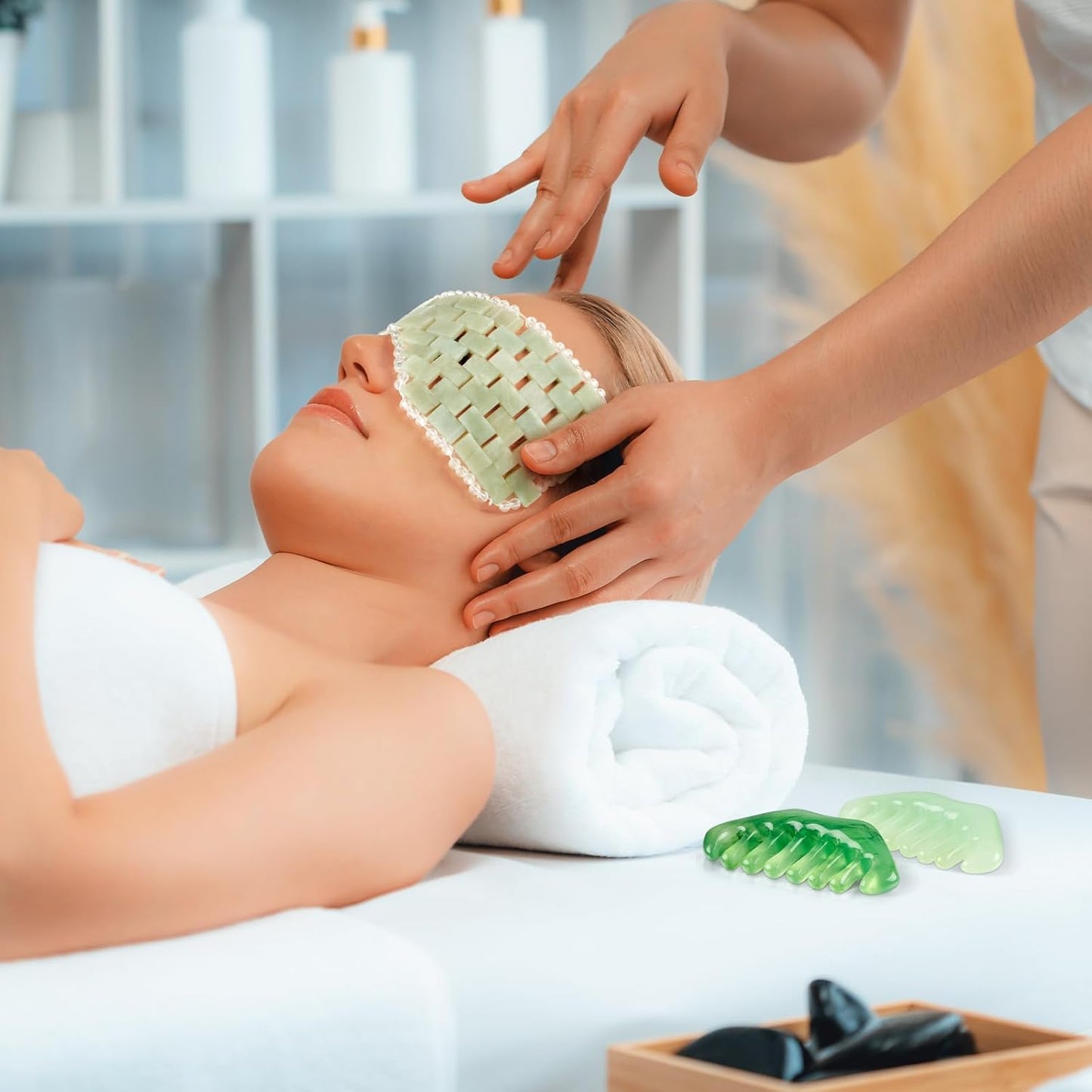 Jade Eye Mask and Hair Comb Set - Green Jade Stone Facial Cooling | Gua Sha Scalp Massager for Puffiness Relief