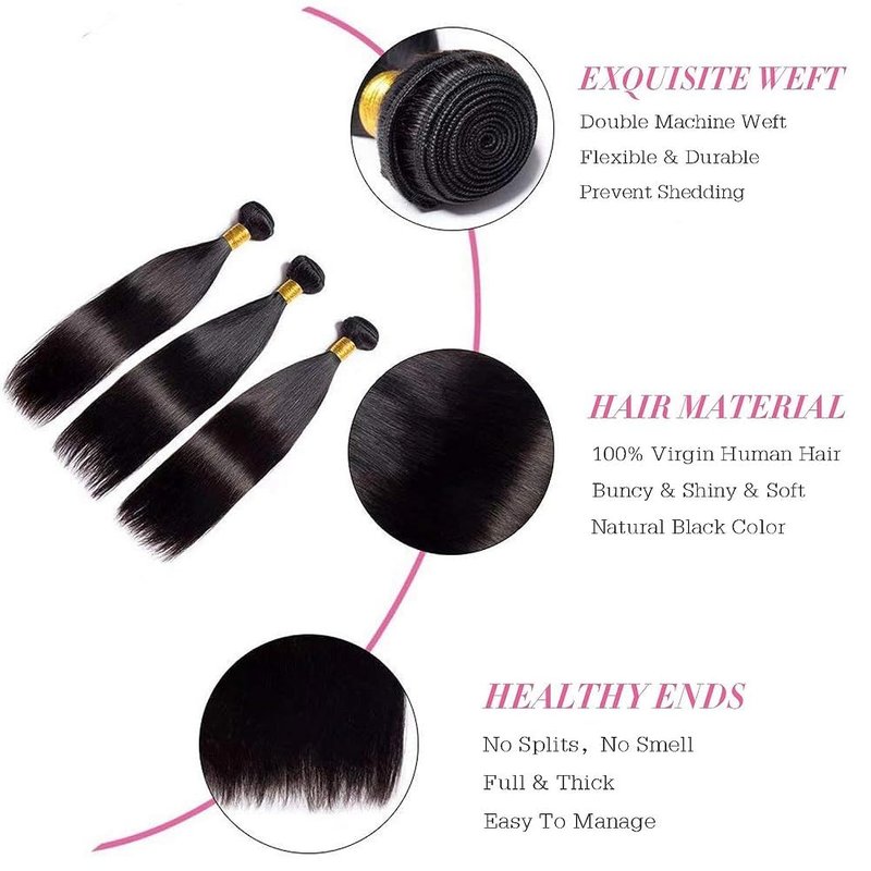 Straight Bundles Human Hair 12 12 12 Inch 100% Unprocessed Brazilian Trippy Virgin Weave Bundles Human Hair for Women Remy Straight Hair Extensions Natural Black Raw Weft