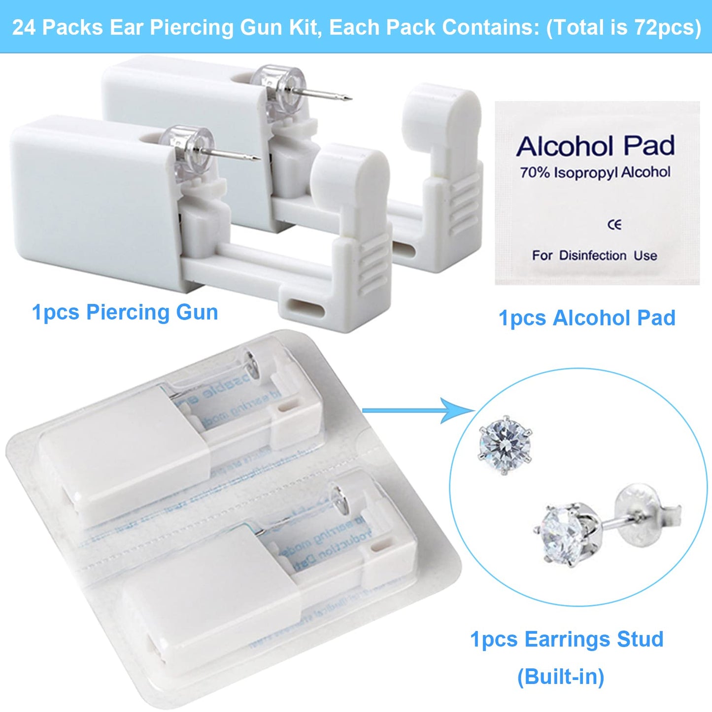 Ear Piercing Gun Kit - Judero 72Pcs Disposable Ear Piercing Kit Including 24Pcs Self Ear Piercing Gun with 24Pcs Built-in Earrings Stud and 24Pcs Clean Tools for Ear Cartilage Piercing Kit
