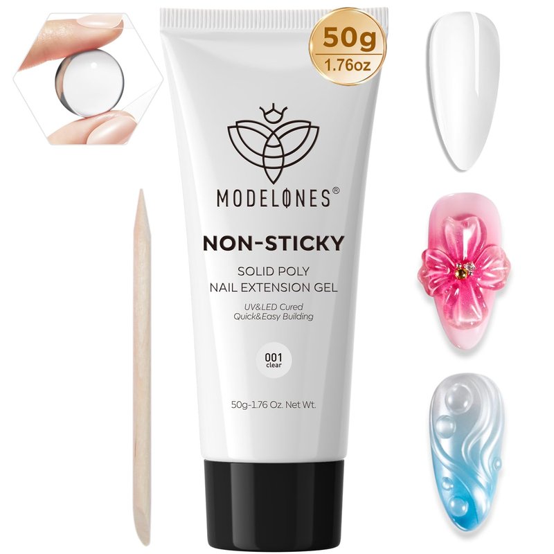 modelones Solid Builder Gel for Nails, Clear Poly Nail Gel Extension Non-Sticky Gel Nail Polish Apply Upgraded 3D Art Sculpting Molding Starter-friendly 50g