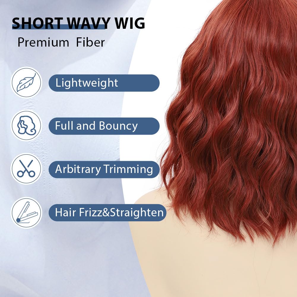 LOSMOEER Auburn Wig with Bangs Short Wavy Copper Red Wigs for Women Shoulder Length Curly Bob Wigs Heat Resistant Synthetic Wigs for Halloween Cosplay Daily Party Use