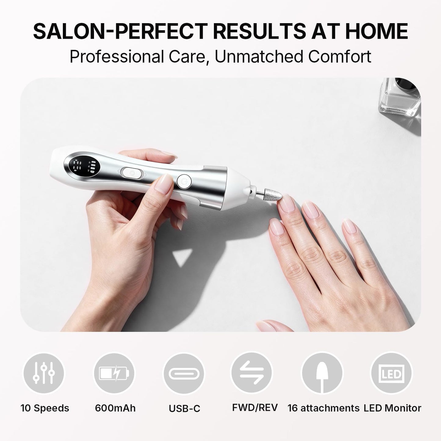 Nail Drill with LED Display ,Manicure Pedicure 10-Speed Cordless Electric Nails File,Rechargeable,10 in 1 Nail Drill Professional Ideal for Home, Beginners,Women