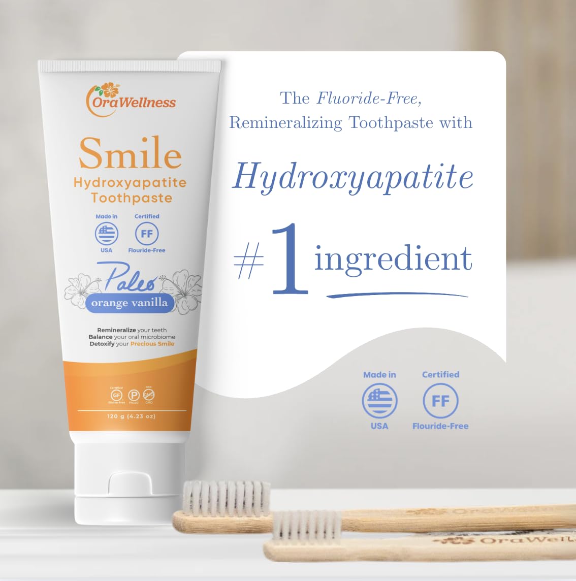 OraWellness Smile Remineralizing Hydroxyapatite Toothpaste, Vanilla Orange - Xylitol & Microcrystalline Hydroxyapatite, Made in USA, Fluoride Free Natural Tooth Repair & Teeth Whitening, 4.23oz