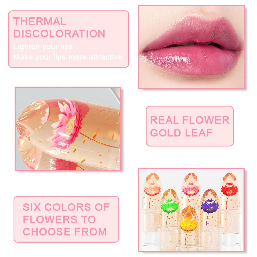BINGBRUSH 6 Pcs Crystal Flower Jelly Color Changing Lipstick,Long Lasting Lip Care Moisturizer Lip Balm Magic Color Change Lip Gloss Lip Tint Stain Matte Makeup Lipstick (6 Pcs 01#-06#)
