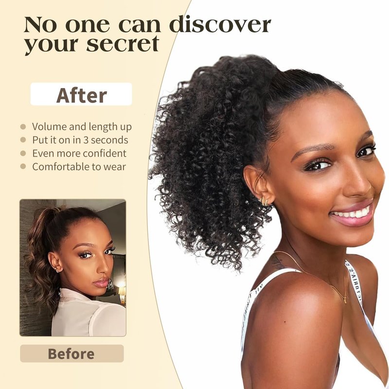 Drawstring Ponytail Human Hair - 4C Kinky Curly Extension for Black Women | 8 Inch Natural Volume & Length