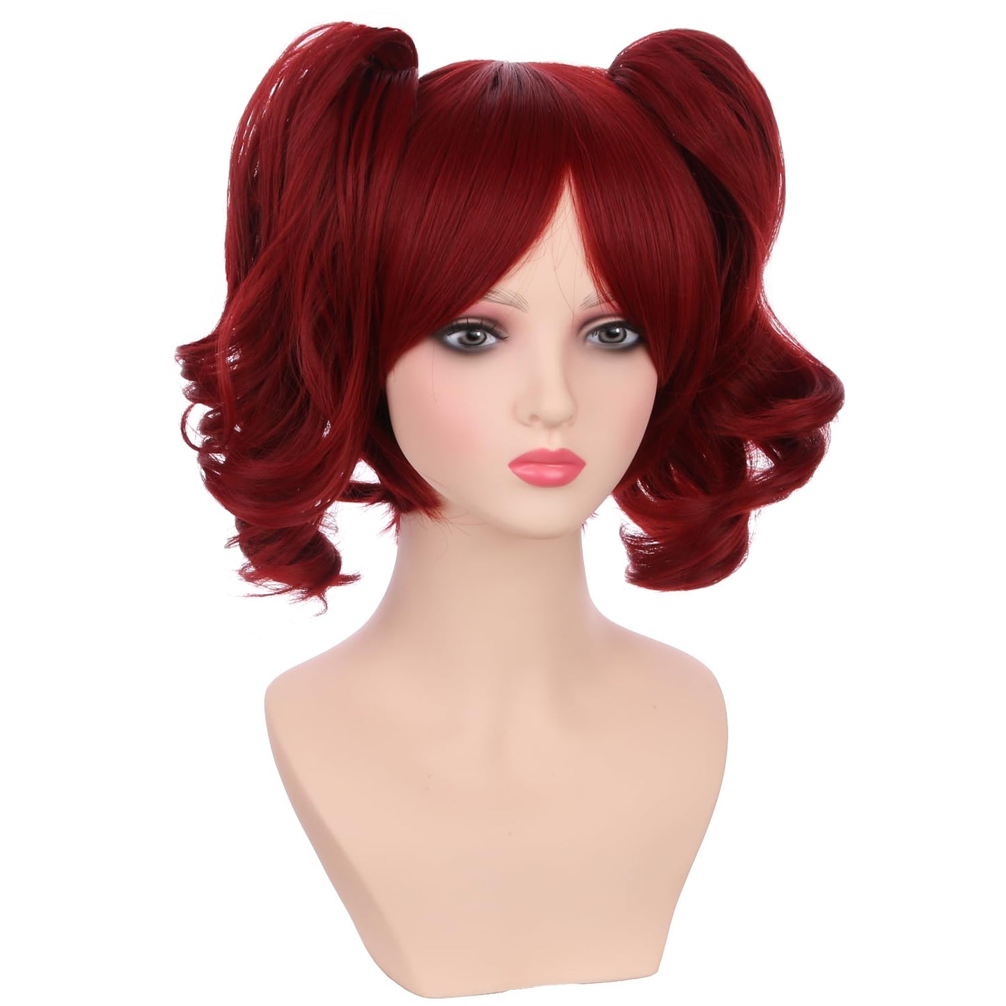 PATTNIUM Red Wig for Kids Girls Short Red Wig with Bangs Child Dark Red Ponytails Wig Include 2 Detachable Buns with Clips Synthetic Wig with Wig Cap(Red)