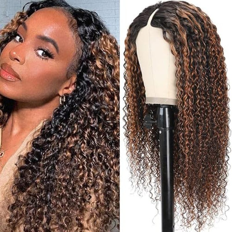 Ainmeys Curly V Part Wigs Ombre Brown V Shape Wigs for Black Women No Leave Out Lace Front Wigs Upgrade U Part Wigs Glueless Full Head Clip In Half Wigs(#FB30 18IN)