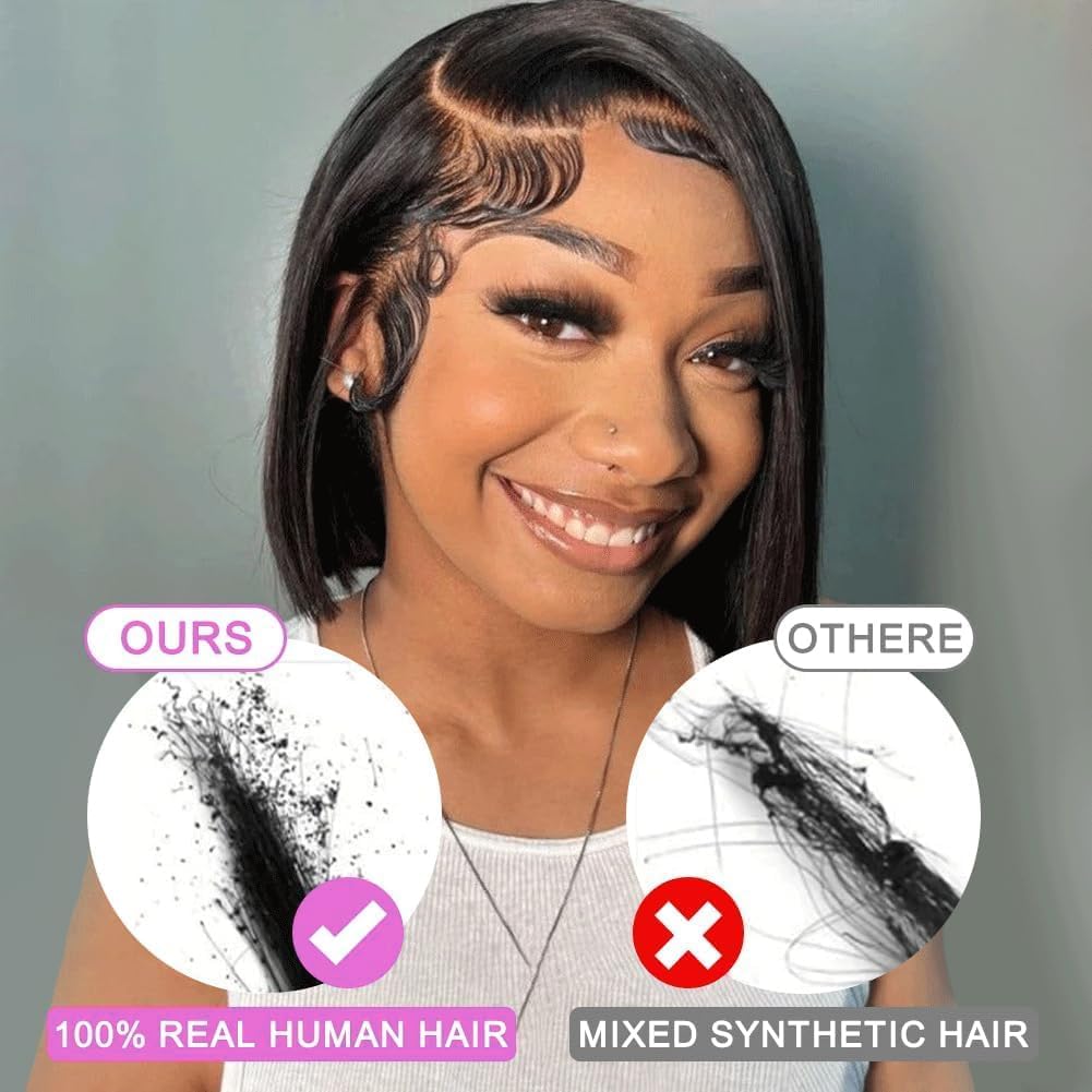 XNAIRA Wig Human Hair（Straight Short Bob Wig | 13x4 HD Lace Front | 180% Density | 100% Brazilian Virgin Human Hair | Glueless Wig,12 Inch,Warm Black）