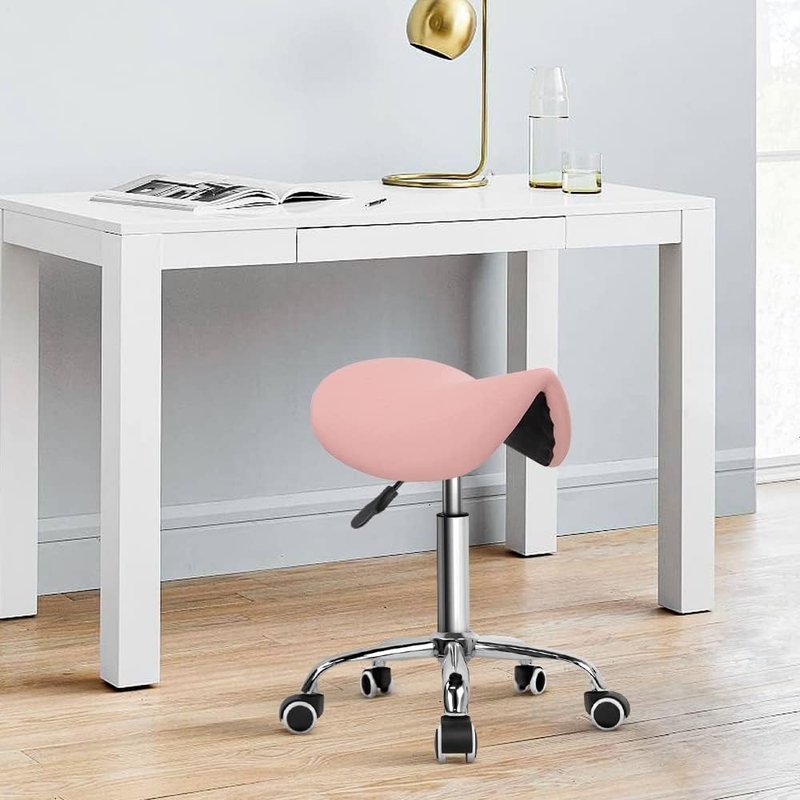 Adjustable Rolling Saddle Stool - PU Leather Swivel Salon Chair with Wheels | Pink