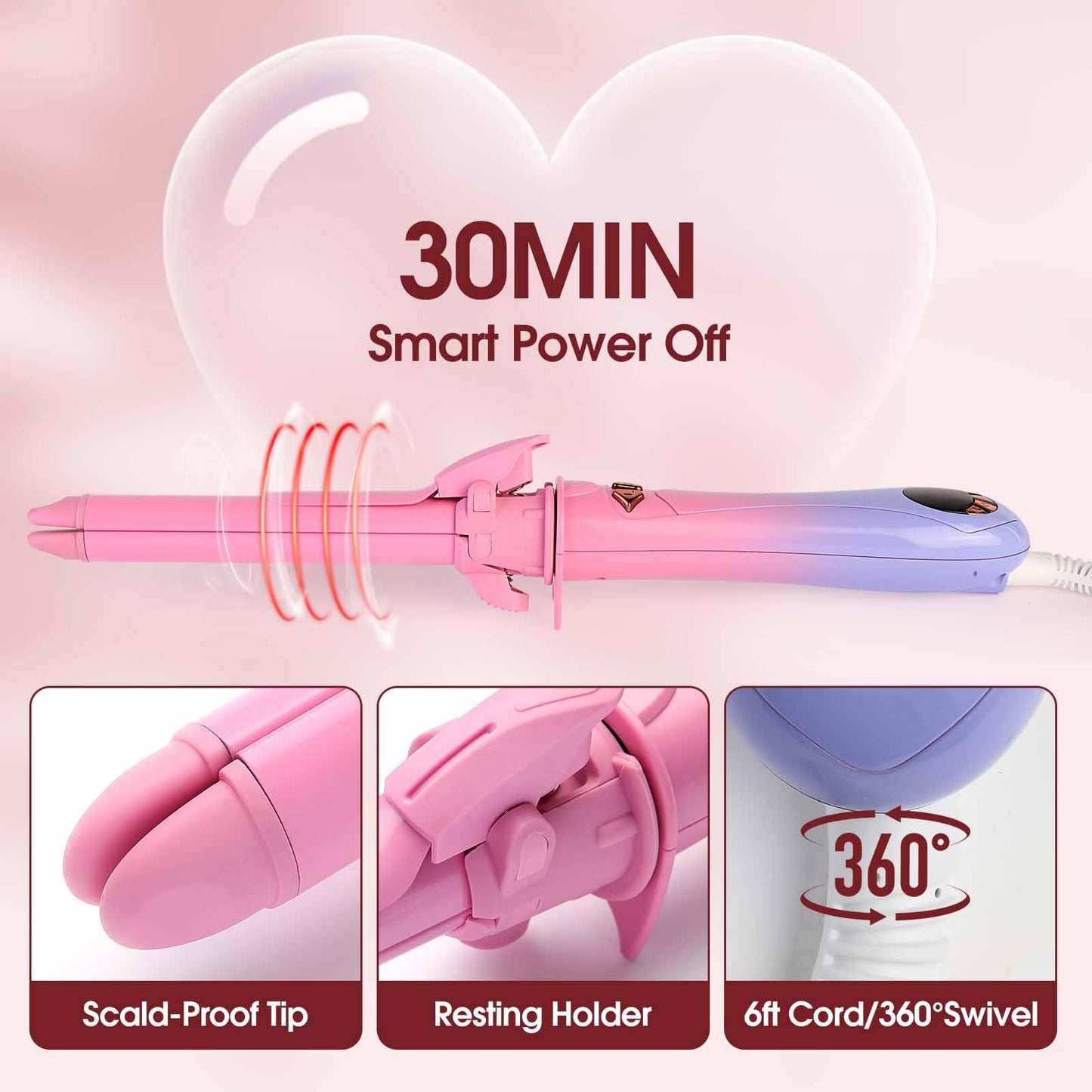 Automatic Rotating 2 in 1 Curler & Straightener - Temperatures Adjustable, 30s Fast Pre-Heating, 30MIN Smart Power Off, Special Clamp Design to Prevent Hair from Catching, Pink