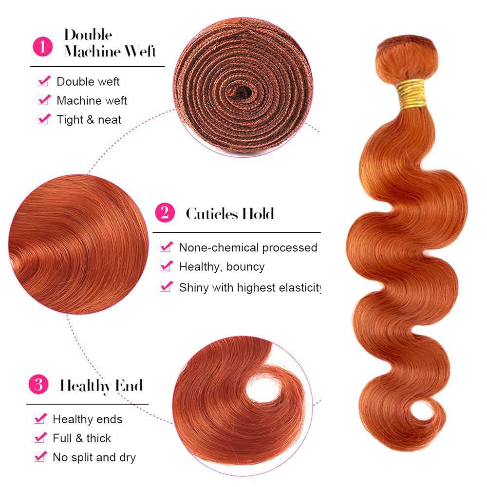 Orange Bundles Human Hair Body Wave Bundles 14 16 18 Inch Unprocessed Brazilian Virgin Remy Hair 3 Bundle #350 Ginger Orange Body Wave Human Hair Extensions 50 Gram Per Bundle