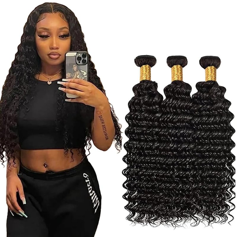 Loose Deep Wave Bundles Human Hair Unprocessed Brazilian Virgin Hair 16 18 20 Inch Color #1b Deep Wave Bundles