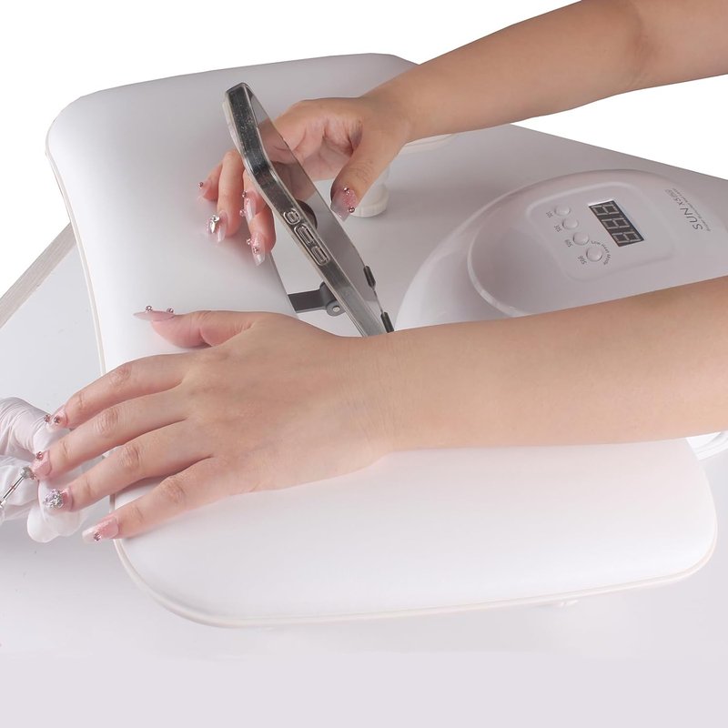 Manicure Arm Rest with Rotating Phone Holder - Adjustable U-Shaped PU Leather Nail Hand Rest (White)