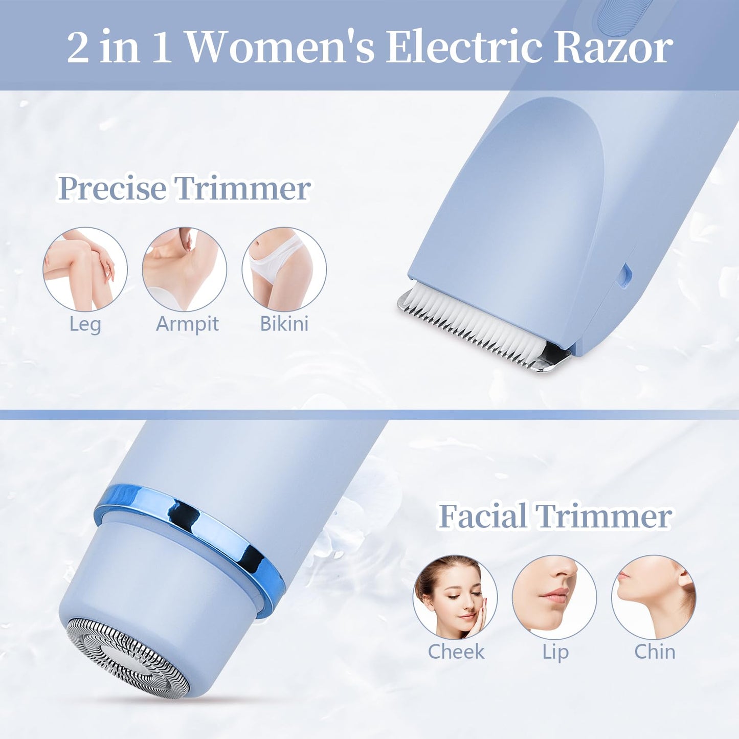 Ladies Electric Razor, 2 in 1 Dual Head Shaver Women, Bikini Trimmer for Women Personal Body Face Leg Arm Hair USB Charge Waterproof Wet and Dry (Blue)