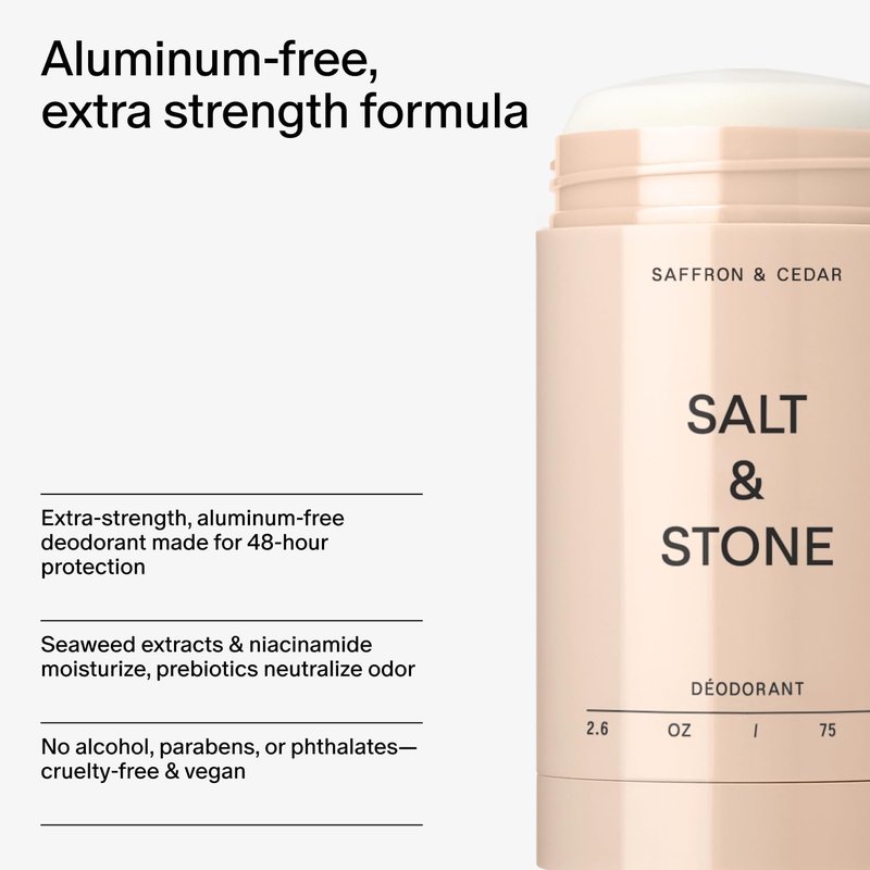 Salt & Stone Aluminum Free Deodorant | Extra Strength 48 Hour Protection for Women & Men | Made with Seaweed Extracts, Niacinamide & Prebiotics | Saffron & Cedar