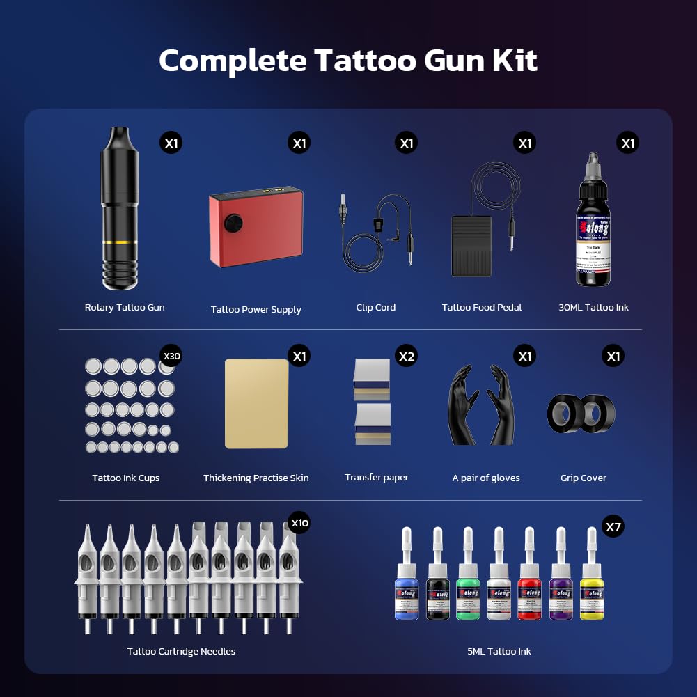 Tattoo Gun, Solong Complete Rotary Tatto Machine for Beginners and Artists Professional Tattoo Gun Kit with Tattoo Catridges Needles and Tattoo Ink(60 Piece Set)