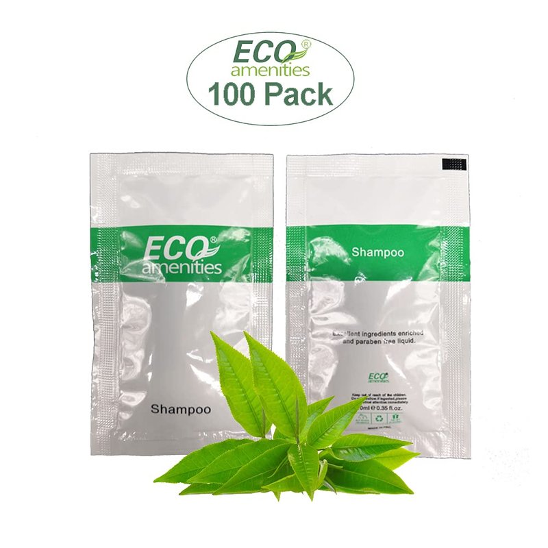 Eco Amenities Mini Shampoo Sachets - Refreshing Green Tea Scented Toiletries | 0.35 fl oz (10ml), 100 Pack for Hotels & Rentals