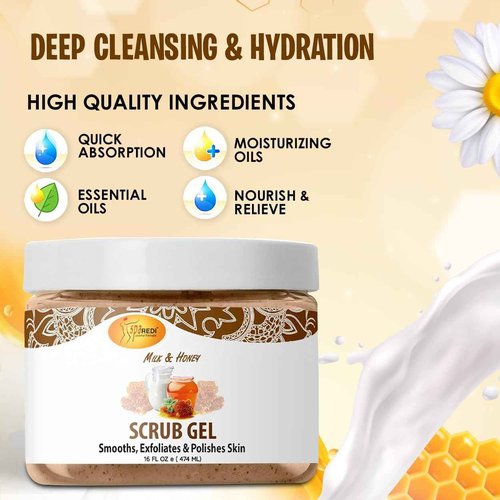 SPA REDI – Exfoliating Scrub Pumice Gel, Milk and Honey, 16 Oz - Manicure, Pedicure and Body Exfoliator Infused with Hyaluronic Acid, Amino Acids, Panthenol and Comfrey Extract