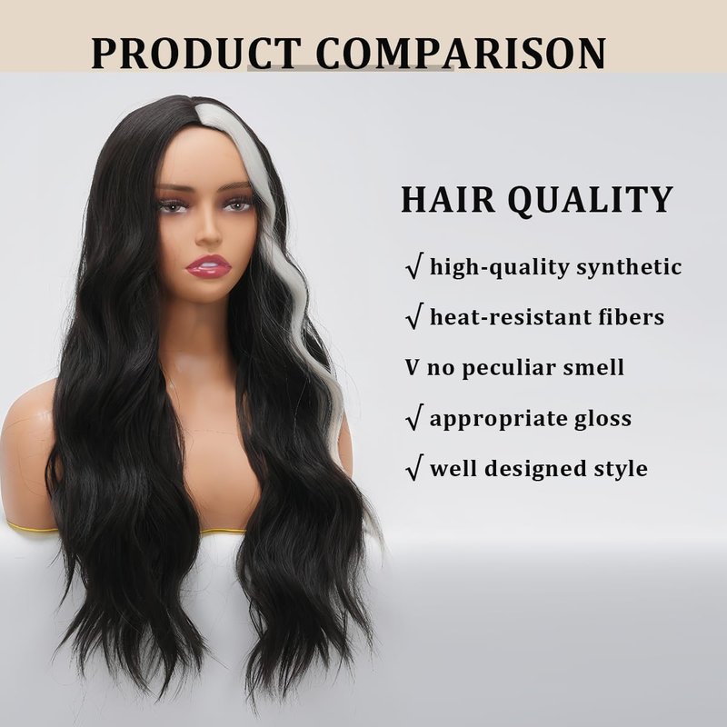 Long Wavy Black and White Wig - 26 Inch Middle Part Curly Synthetic Hair for Natural Look | Heat Resistant for Daily Wear