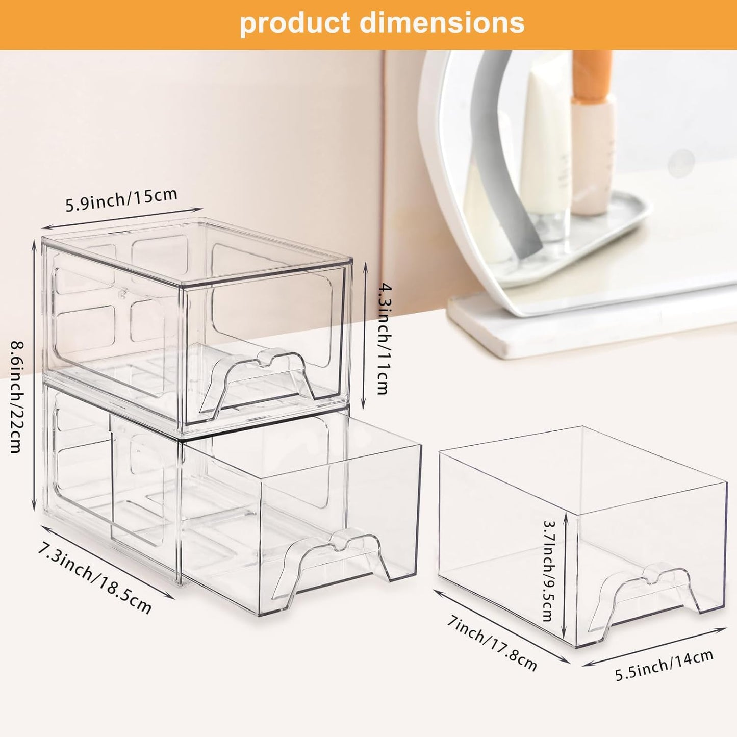 Stackable Makeup Organizer - Clear Plastic Storage Drawers Set of 4 | Ideal for Vanity & Bathroom Organization