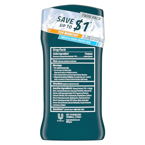 Degree Men Advanced Antiperspirant Deodorant Everest 2 Count 72-Hour Sweat and Odor Protection Antiperspirant For Men With Body Heat Activated Technology 2.7 oz