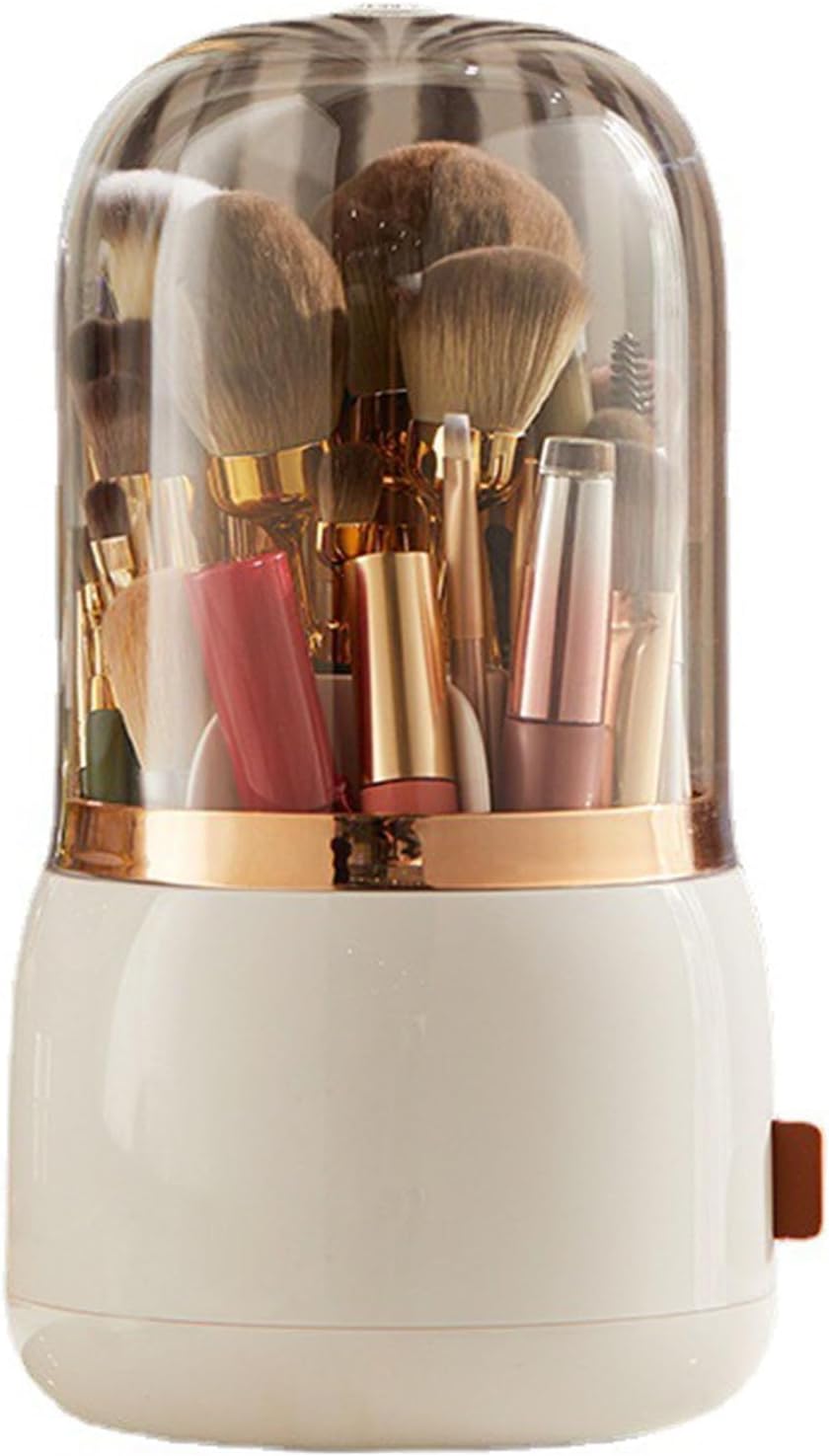 Makeup Brush Holder - 360° Rotating Makeup Organizer with Lid | White Storage Solution for Home