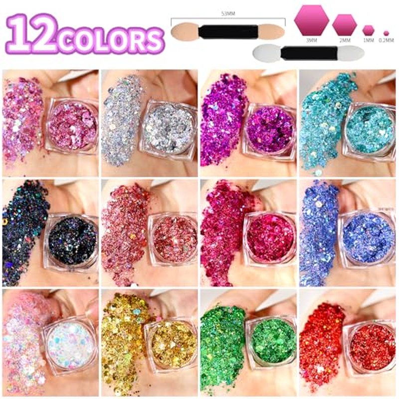 Teenitor Body Glitter Face Glitter Makeup Festival Glitter, 12 Colors Face and Body Glitter Gel, Hair Glitter Gel, Body Makeup