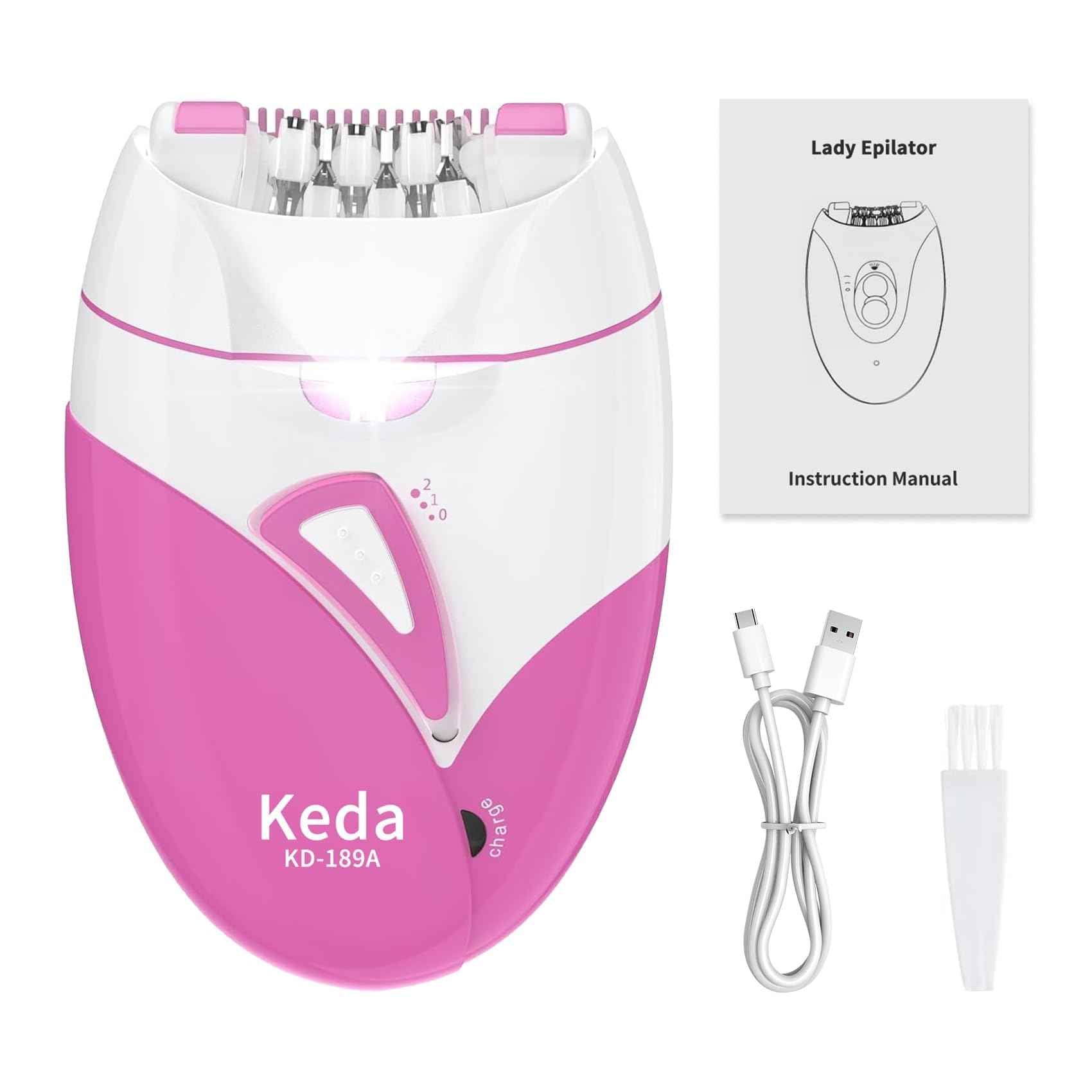 Epilator for Women, Smooth Glide Facial Hair Remover with 2 Speed & LED Light, Rechargeable Cordless Electric Epilator for Face, Bikini, Underarms, Arms, and Legs, Painless & Portable