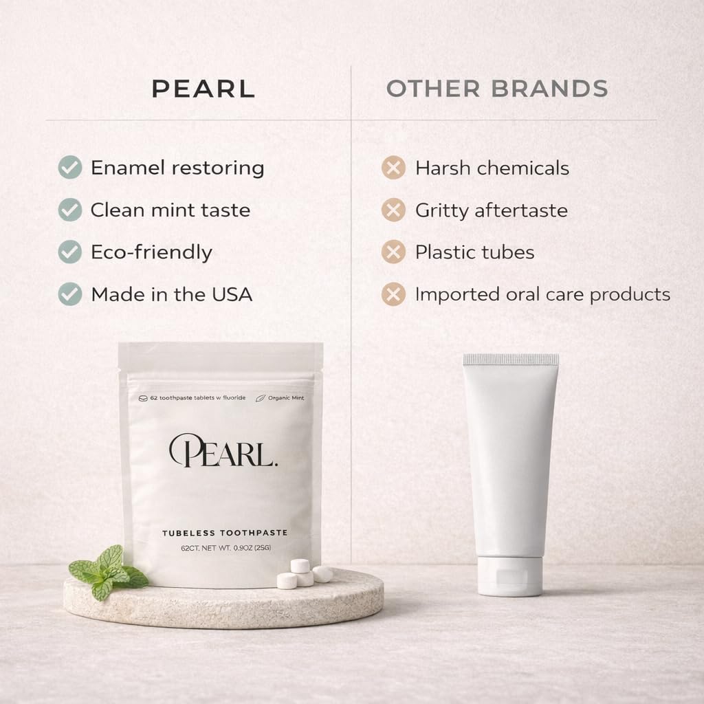 Pearl. Lux: Sea Glass Jar + 62 Tablets + Mint Floss + Bamboo Toothbrush | Dentist Designed | Natural Whitening | TSA Approved | Reusable Packaging
