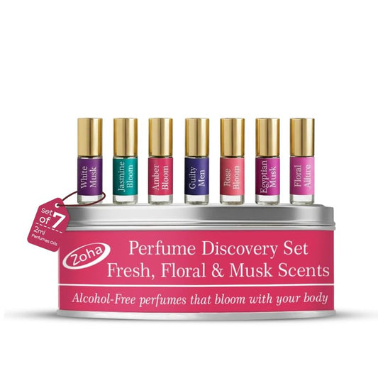 Zoha Perfume Discovery Set | Sample Perfumes for Women & Men with Fresh, Floral & Musk Scents | Alcohol-free Layering Perfume Oils | Travel Size Long Lasting Fragrance Sampler | 7 Scents of 2ml