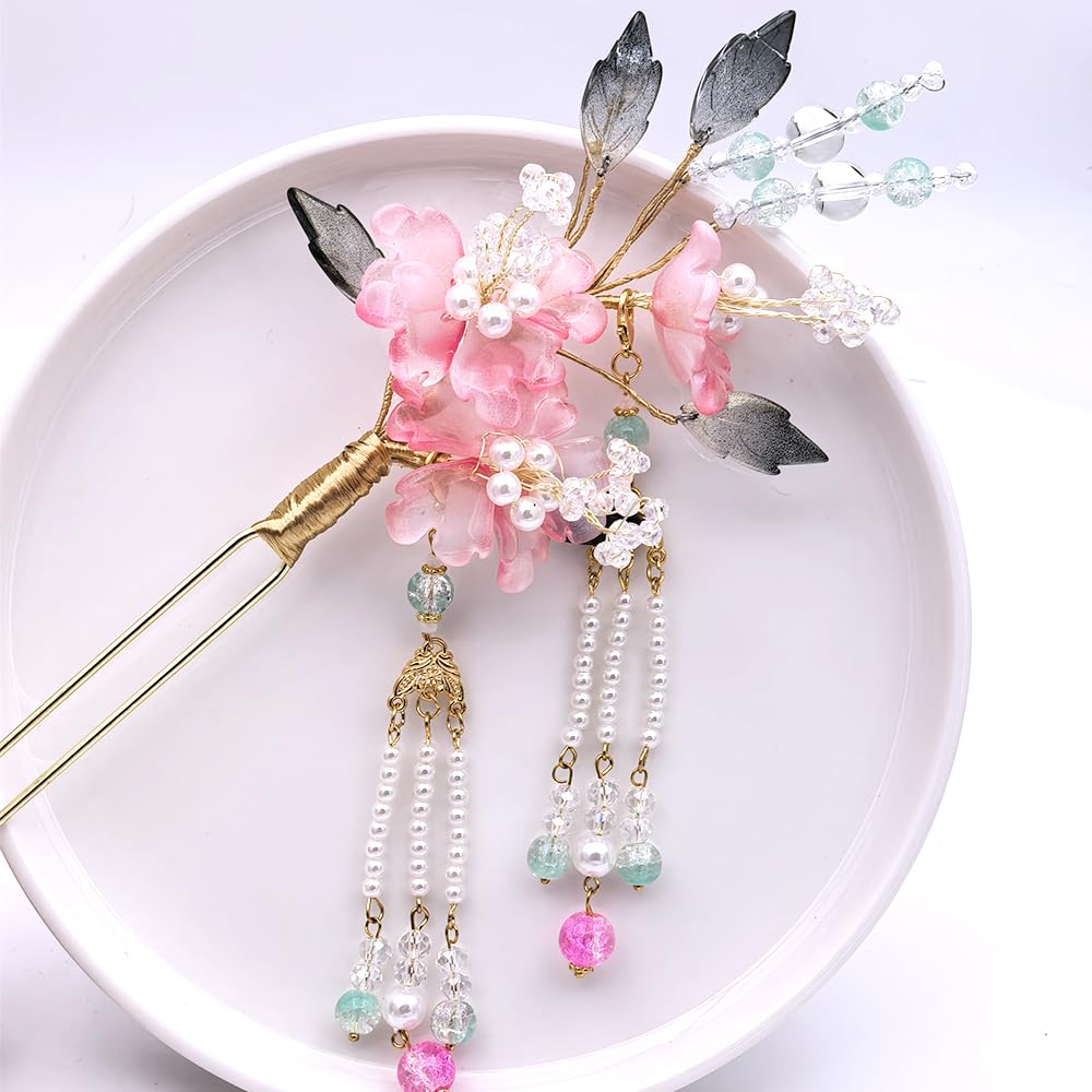 Rabith Henn Elegant 3-Tier Lotus Hair Stick, Transparent Multicolor Resin Flower Hair Pin for Women, Japanese Chinese Bun Updo Hairstyle Accessory Gift (Peony Pink)