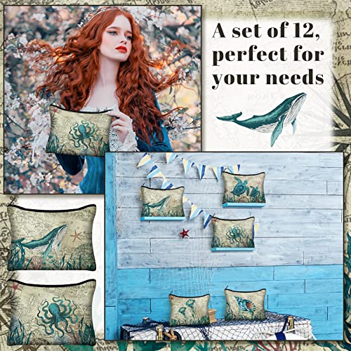 Sanwuta 12 Pcs Sea Tropical Cosmetic Bags Retro Animal Seahorse Travel Bags Beach Makeup Bags Zipper Small Pouch Vintage Turtle Whale Seashell Bag Under The Sea Purse Toiletry for Women Party Gift