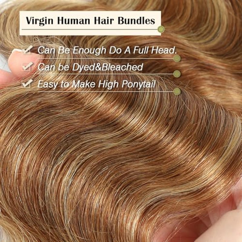 Ombre Highlight Body Wave Bundles Human Hair Honey Blonde 3 Bundles Human Hair 18 20 22 Inch Soft and Healthy 100% Unprocessed Brazilian Virgin Remy Hair Double Weft for Black Women p4-27