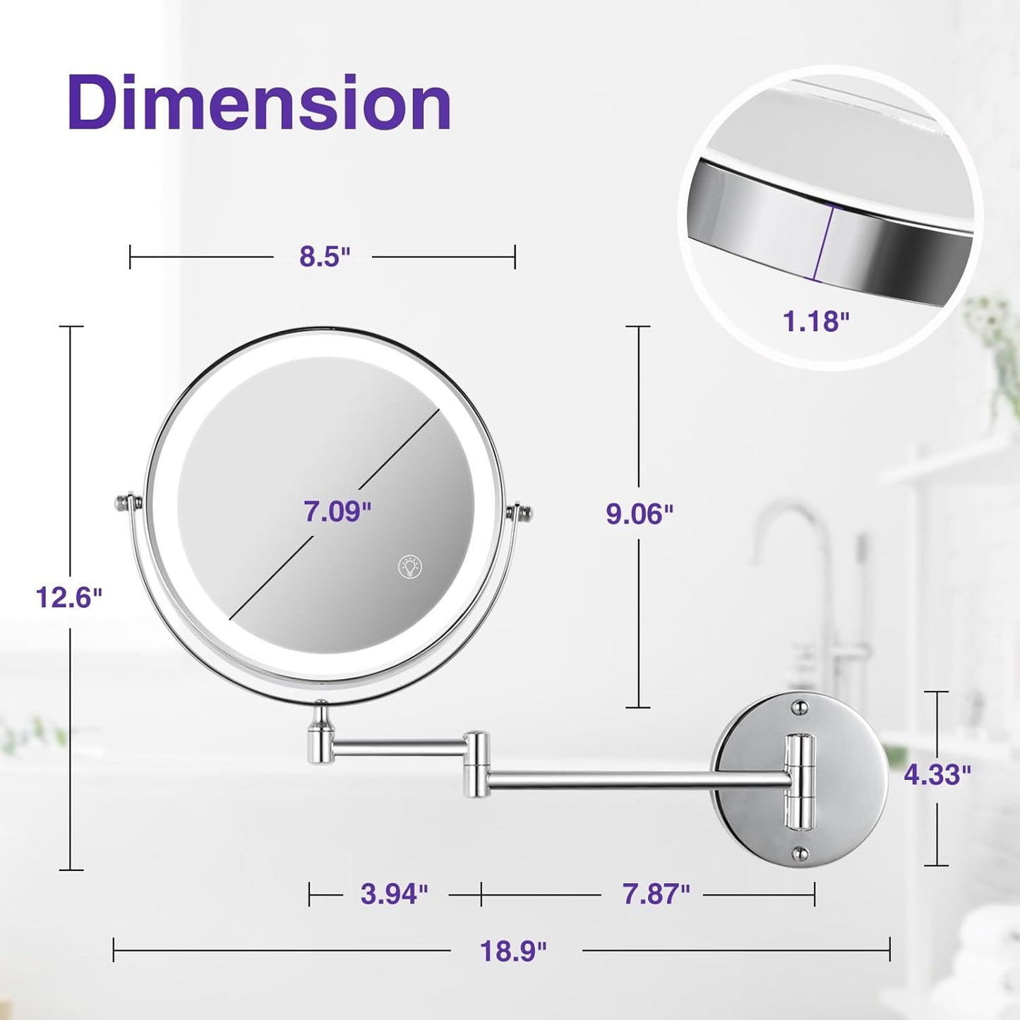 Wall Mounted Lighted Makeup Mirror - 8.5 Inch Double-Sided with 1X/15X Magnification | Chrome Finish for Vanity and Bathroom