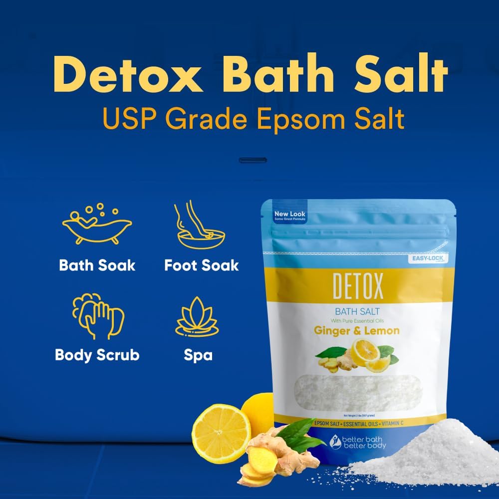 Detox Bath Salt - 32 Ounces USP Grade Epsom Salt with Ginger & Lemon Oils | Vitamin C Infused, BPA-Free Pouch