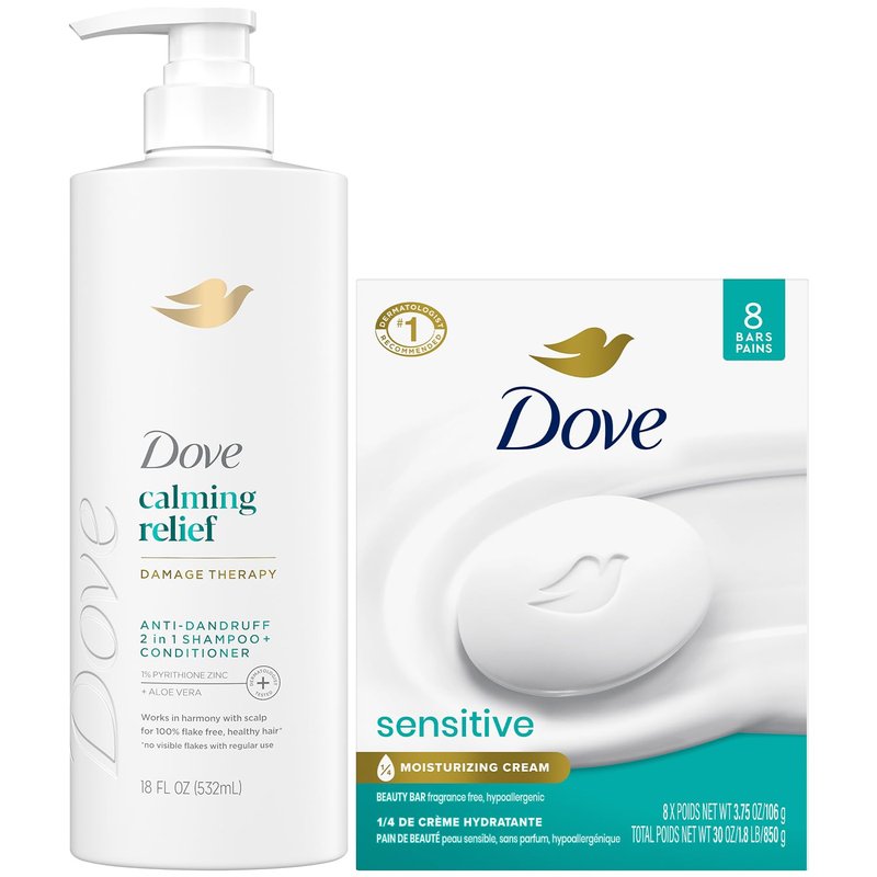 Dove Dandruff Shampoo & Conditioner 2-in-1, DermaCare Calming Relief with Pyrithione Zinc + Beauty Bar Soap for Sensitive Skin 8-Pack – Relief for Itchy Scalp and Dry Skin (9 Piece Set)