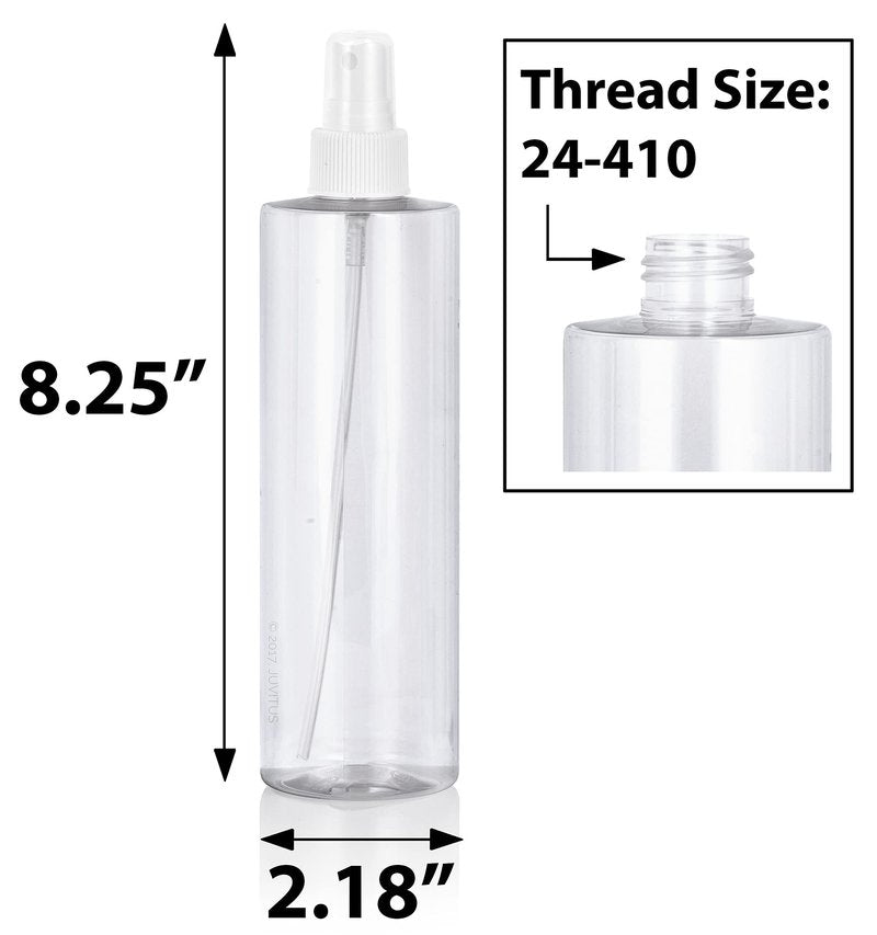 JUVITUS 12 oz Clear Professional Cylinder Plastic Bottles with White Fine Mist Sprayer (12 Pack)