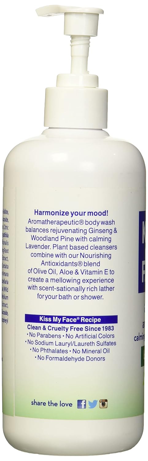 Kiss My Face Anti-Stress Shower Gel - Woodland Pine & Ginseng | Antioxidant Blend, 16 fl oz (Pack of 2)