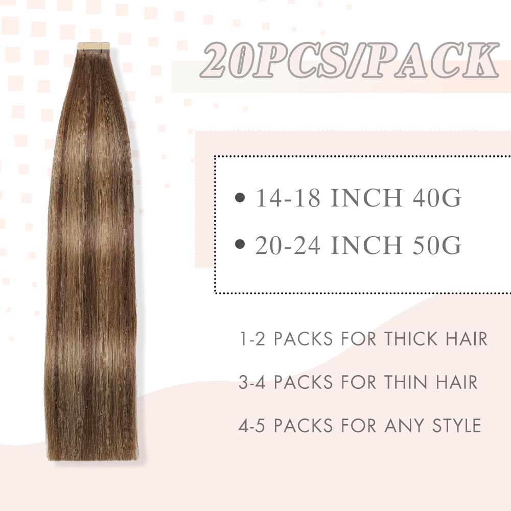 Tape in Hair Extensions Human Hair Chocolate Brown Mixed Honey Blonde Hair Extensions Real Human Hair 20pcs 14 Inch Straight Invisible Human Hair Tape in Extensions for Women (4/4/27#,14 Inch)