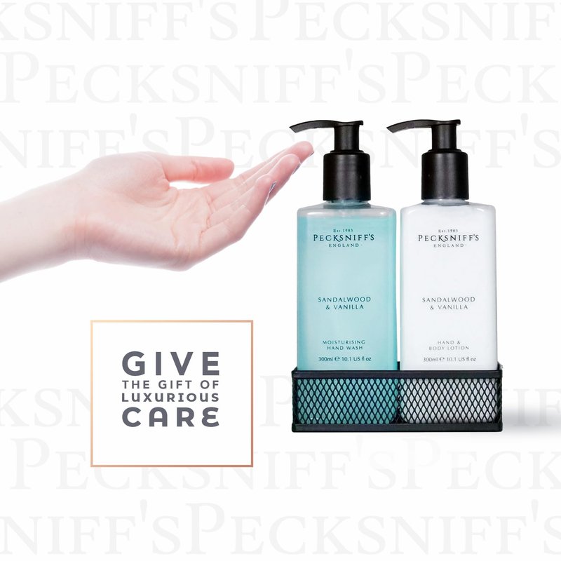 Pecksniff's Kitchen Soap Dispenser Set, Moisturizing Liquid Hand Soap Lotion Set for Kitchen Sink Bathroom Countertop with Black Metal Mesh Caddy, 10.14 Fl oz (Sandalwood and Vanilla)