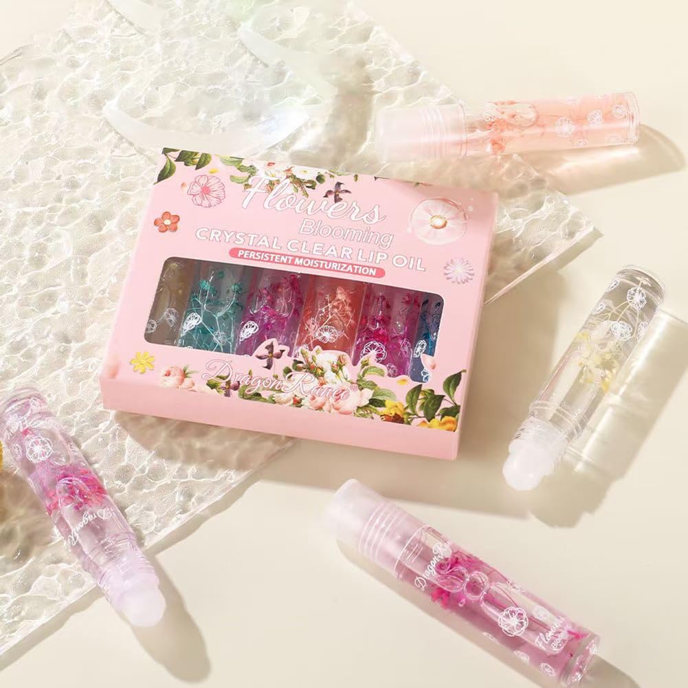 Petansy Flower Jelly Lip Oil Set 6 Packs Moisturizer Long Lasting Roll On Lip Gloss Set with Real Flowers Glossy Lip Make-up for Dry and Chapped Lips